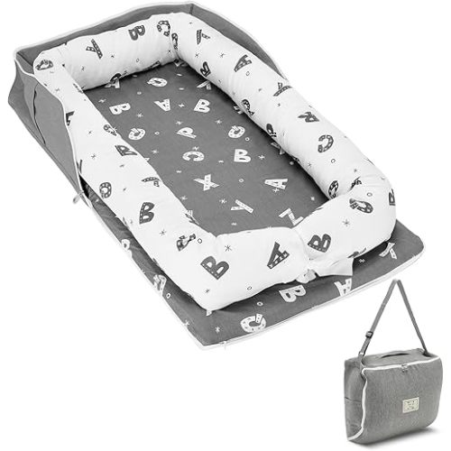 Baby Lounger, Baby Nest for Newborns, Portable Breathable Infant Lounger for 0-12 Months Adjustable Cozy Comfort - Letter Grey