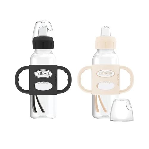 Dr. Brown's Milestones Narrow Sippy Spout Bottle with 100% Silicone Handles, Easy-Grip Handles with Soft Sippy Spout, 8oz/250mL, Black & Ecru, 2 Count (Pack of 1), 6m+