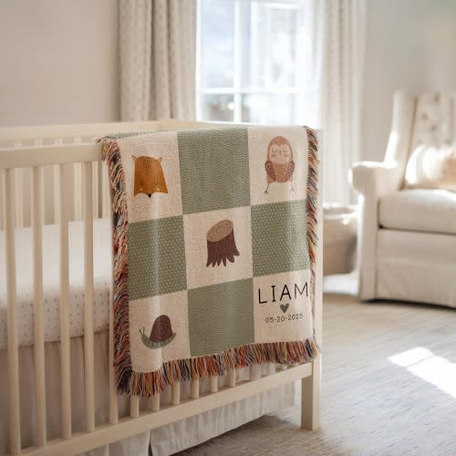 Personalized Baby Blanket Woodland Forest Animal Woven Blanket Custom Baby Name Blanket Baby Shower Gift Woodland Nursery Decor Woven Throw