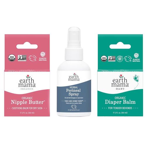 Kit All Mama Needs de Earth Mama | Crema de lactancia materna orgánica Nipple Butter™, spray perineal a base de hierbas, bálsamo orgánico para pañales y crema para pañales para bebé