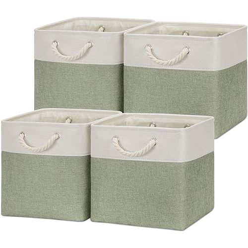 Temary Cube Storage Baskets for Shelves 12 Inch Storage Cubes 4pack Fabric Storage Baskets for Organizing Clothes, Closet Basket with Rope Handles for Home (White&Green)