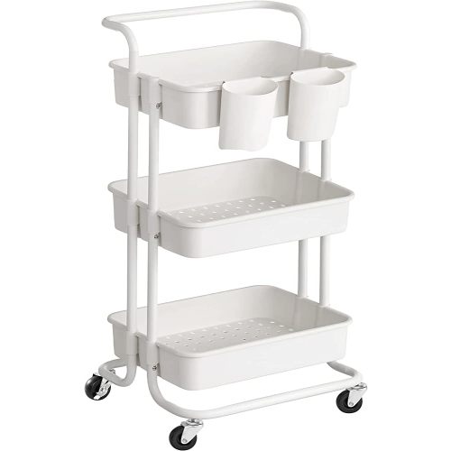 SONGMICS Rolling Cart, 3-Tier Storage Cart, Storage Trolley with Handle 2 Small Organizers, Steel Frame, Plastic Baskets, Utility Cart, Easy Assembly, for Bathroom Laundry Room, White UBSC067W01