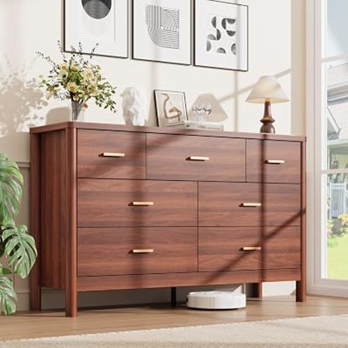 Garvee 7 Drawer Dresser, Modern Wooden Storage Chest of Drawers, Walnut