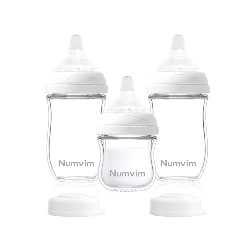 Numvim Glass Baby Bottles Gentle Slow Flow, Newborn Breastfeeding Bottle with Anti Colic Nipple for 0 Months Babies, 3 Packs (White, 3oz+5oz)