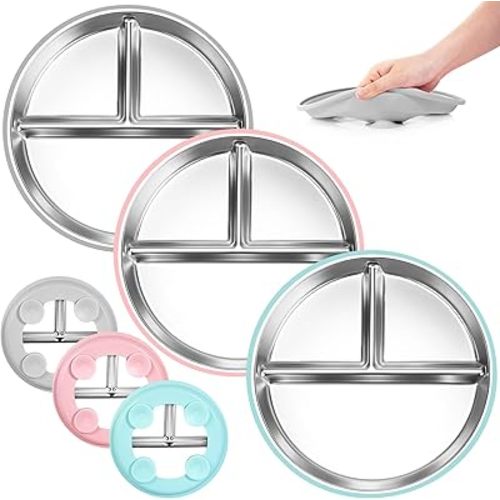 Stainless Steel Toddler Plates Silicone Suction,3 Packs Non-Slip Baby Plates,Divided Portion,Food-Grade Silicone Plate for Kids,LEAD-FREE Dishwasher Safe,Grey Green Pink
