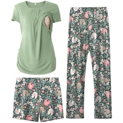 SUNNYBUY Womens Maternity Nursing Pajamas Set, Short Sleeve Breastfeeding Shirts,Pregnancy Shorts & Pants 3 Piece Nursing PJS