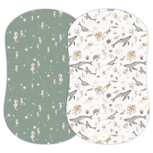 Baby Bassinet Sheets for Boy, Girl (Ocean Odyssey) 2-Pack - Fitted Bedside Bassinet Sheets - Buttery Soft Cotton Blend for Standard Mattress Pad - Compatible with Halo BassiNest