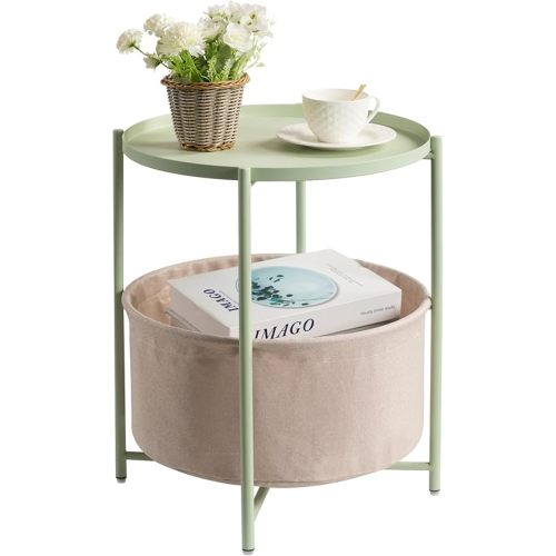 danpinera Round Side Table with Fabric Storage Basket, Metal Side Table Small Bedside Table Nightstand with Removable Tray Top for Living Room, Bedroom, Nursery, Laundry, Light Green
