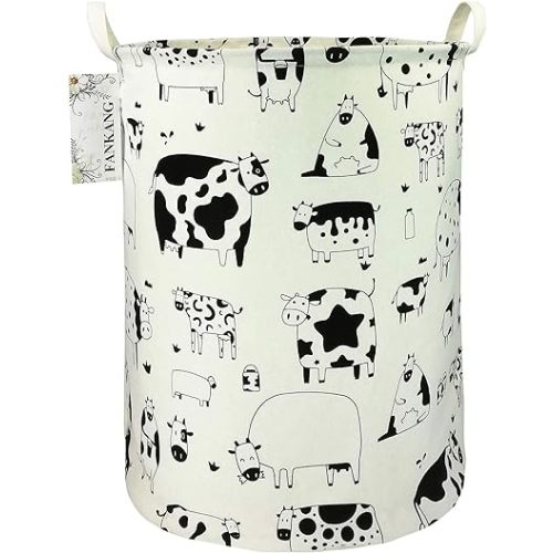 FANKANG Storage Basket, Nursery Hamper Canvas Laundry Basket Foldable with Waterproof PE Coating Large Storage Baskets for Kids Boys and Girls, Office, Bedroom, Clothes,Toys（Cows）
