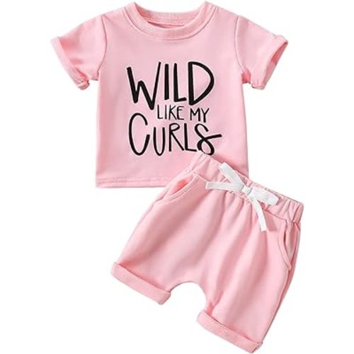 VISGOGO Toddler Baby Girl Summer Clothes Outfits Set Wild Like My Curls Short Sleeve Letters T-shirt Tops with Shorts