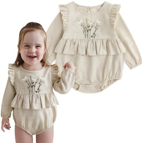 Simplee kids Newborn Baby Girls Rompers Infant Ruffle Long Sleeves Embroidery Bodysuit Outfits