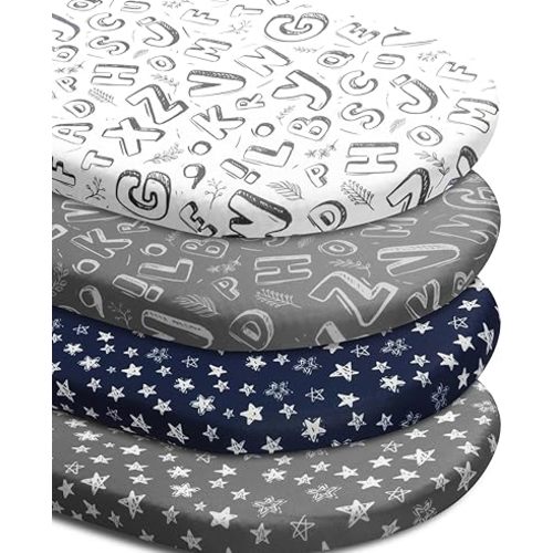 4 Pack Breathable Bassinet Sheets for Baby Boys Neutral Unisex Soft Bassinet Fitted Sheets for Toddler Travel Bassinet (Letter)