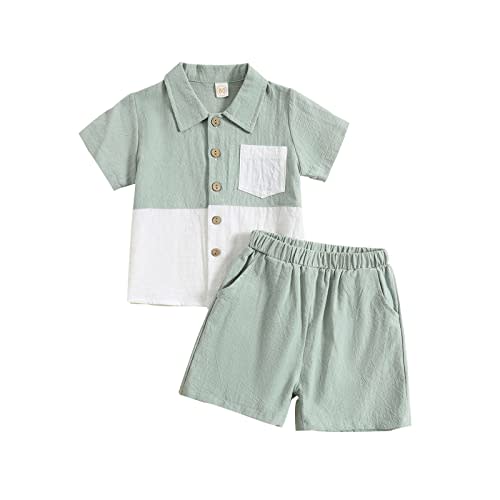 Kupretty Baby Boy Clothes Toddler Summer Outfit Color Block Short Sleeve Button Down Shirt + Shorts 2T 3T 4T 5T Clothing Set