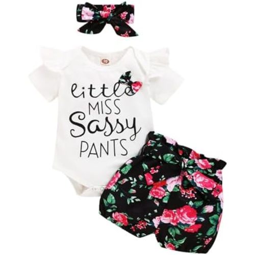 Baby Girl Clothes Ruffle Sleeve Romper Shorts Set with Headband 3PCS Cotton Summer Outfits Sets