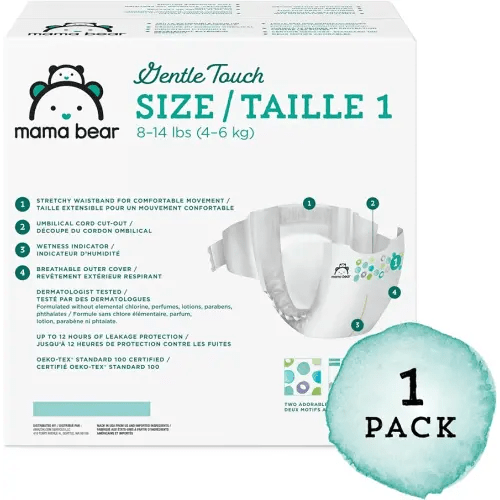 Amazon Brand - Mama Bear Gentle Touch Diapers, Hypoallergenic, Size 1, 196 Count (4 packs of 49), White