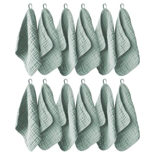 Ease Cubs 12 Pack Muslin Washcloths for Baby - 100% Cotton Baby Wash Cloths for or Baby Face Body Comfy and Soft for Newborn Infants Kids Girls and Boys - 12"x12" - Green