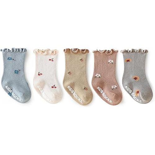 Baby Girls Toddler Socks Organic Cotton Socks Floral Pattern with Non-Skid Gripper for Fall Spring and Summer