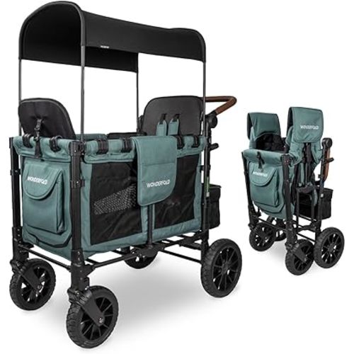 WONDERFOLD W2 Luxe Stroller Wagon (2 Seater) - Collapsible Wagon Stroller with Seats with Magnetic Buckle 5-Point Harnesses and Adjustable Sun Canopy, Hunter Green