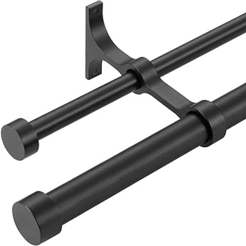Double Curtain Rods with Aluminum End Cap and Full Surround Brackets,1-Inches Front and 5/8 Inches Back Adjustable Double Window Drapery Rod for Sheer and Blackout Curtains,72-144" ,Matte Black