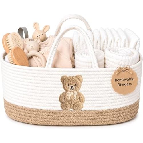 Baby Diaper Caddy Organizer-Cotton Rope Teddy Bear Nursery Storage Basket
