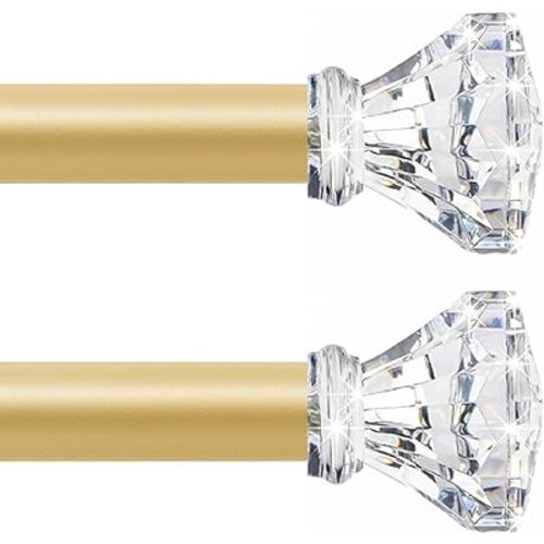 Gold Decorative Crystal Curtain Rods 2 Pack:Heavy Duty Adjustable Window Curtains Rods for Living Room Bedroom,Brass Gold Modern Acrylic Drapery Rods Set with Clear Bling Diamond Finials,18-45"