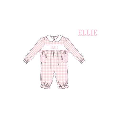 Pre-Order Hand Smocked Pink Gingham Bow Custom Name Romper