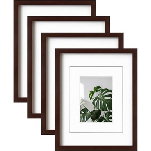 Egofine 11x14 Picture Frames Made of Solid Wood with Plexiglass, Display Pictures 5x7/8x10 with Mat or 11x14 Without Mat Set of 4 for Tabletop and Wall Mounting, Walnut Color