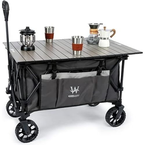 Whitsunday Folding Collapsible Utility Wagon, 400Lbs Heavy Duty Outdoor Park Beach Wagon with Table and Side Pocket for Garden Camping Sports Shopping Grey