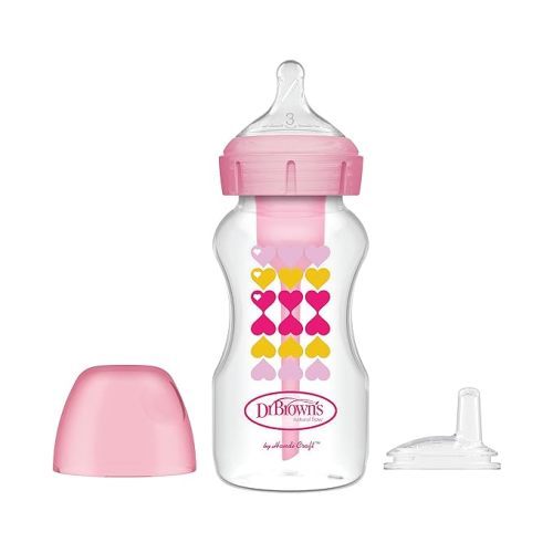 Dr. Brown’s Anti-Colic Options+ Wide-Neck Sippy Bottle Starter Kit, 9oz/270mL, with Level 3 Medium-Fast Flow Nipple and Soft 100% Silicone Sippy Spout, Pink, BPA Free, 6m+