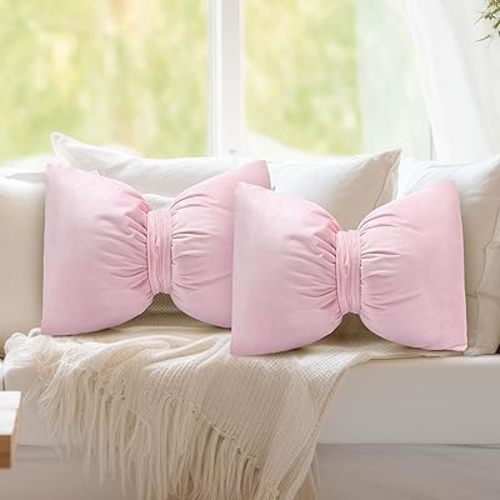 2 Pcs 12 x 18 Inch Bow Pillow Coquettish Bow Throw Pillow Big Bow Shaped Pillow Velvet Coquette Decor Pink Bow Pillow for Room Nursery Cushion Bed Sofa Couch Holiday Car Decor