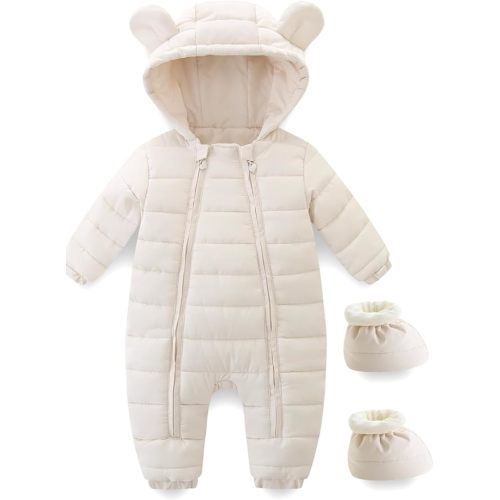 Baby Winter Snowsuit Cute Bear Ears Hooded Romper Toddler Double Zipper Warm Jumpsuit Windproof 0~24M