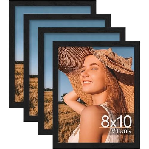 Vittanly 8x10 Picture Frames Set of 4, Display Pictures 5x7 with Mat or 8x10 without Mat, Engineered Wood with Shatter Resistant Plexiglass, Wall Gallery Photo Frames for Wall or Tabletop, Black