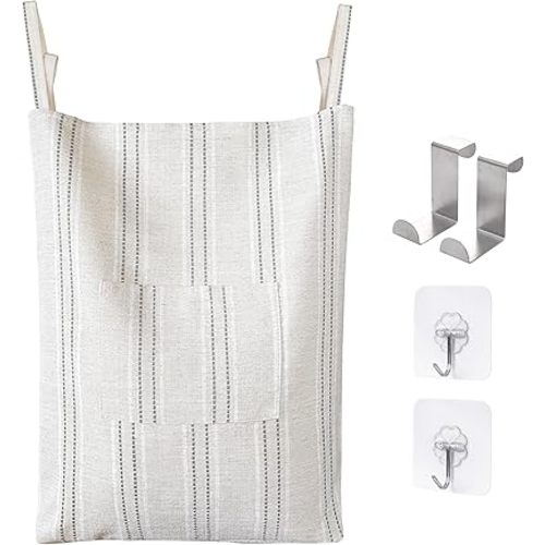 AELS Farmhouse Hanging Laundry Hamper with 2 Hooks, Boho Beige & Gray Stripes Laundry Bag with Zipper & Wide Open Top, Over the Door Organizer for Dirty Clothes, Washable Space Saving Storage
