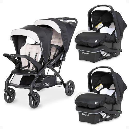Baby Trend Sit N' Stand Tandem Double Stroller w/ 2 Pack EZ-Lift Plus Infant Car Seats, Khaki