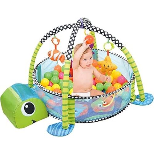 5-in-1 Baby Play Mat with 30 Balls,Tummy Time Mat Baby Gym with 4 Toys,Play Mat for Babies 0-6 Months Funny Animal Baby Play Gym,Turtle