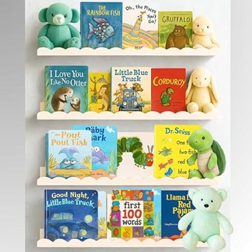 Scalloped Shelves - Set of 4 Pre-Assembled 24inch White Floating Nursery Book Shelves, Scalloped Book Shelf - Kids Wall Bookshelf, Nursery Decor, Floating Shelves for Wall