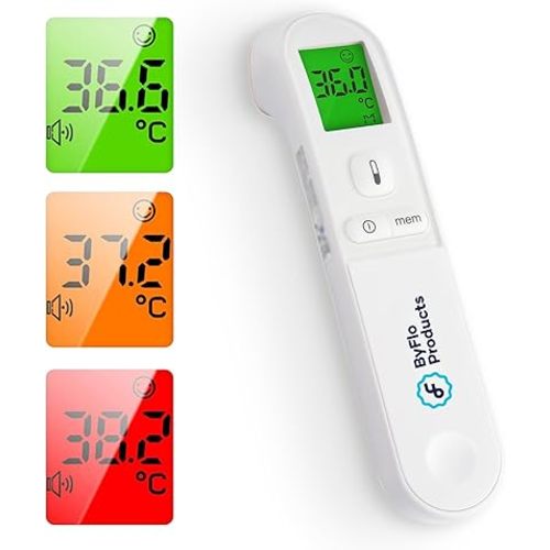 ByFloProducts, Thermometer Adult and Baby, Forehead Digital Thermometer, Infrared Touchless Temperature Thermometer Gun, Temperature Memory and Fever Alarm, Easy to Use 1 Second Reading Temperature