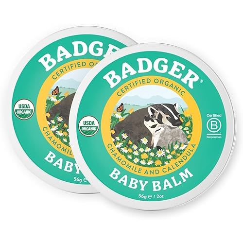 Badger - Baby Balm, Chamomile & Calendula, Certified Organic Baby Balm, Cradle Cap Balm for Babies, Baby Rash Balm, Baby Skin Care, 2 oz (2 Pack)