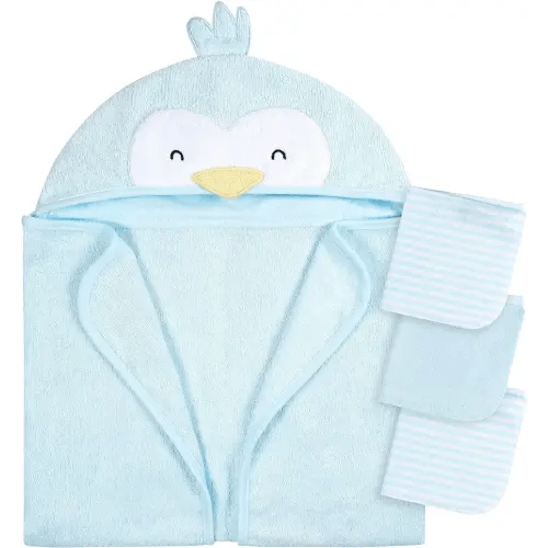 Gerber Baby 4 Piece Animal Character Hooded Towel and Washcloth Set, Blue Penguin, One Size