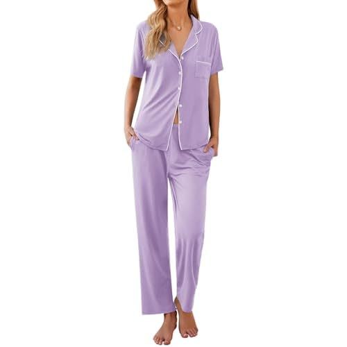 Ekouaer Women Pajamas Set Button Down Sleepwear Short Sleeve Nightwear with Long Pants Soft Pjs Set S-XXL