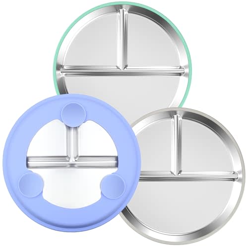 Rycid 3-Pack Stainless Steel Baby Plates with Suction, BPA-Free Stainless Steel Kids Plates, 9” Divided Toddler Plate for Dishwasher Safe, Non-Slip Silicone Base, Detachable Design (Blue, Gray, Green)