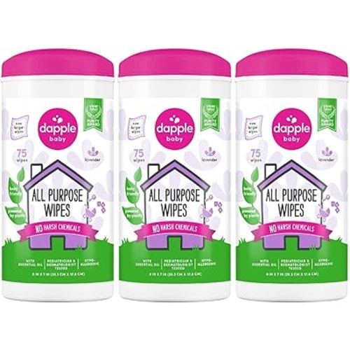 Dapple Baby All Purpose Wipes, Plant Based, Hypoallergenic, Lavender, Clear, 75 Count, Pack of 3
