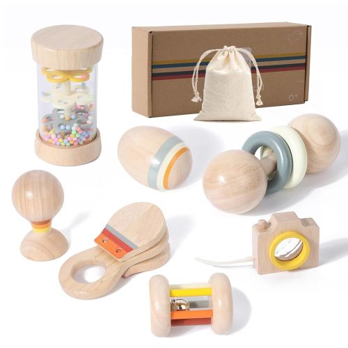 Wooden Baby Rattle Musical Set Montessori Toys for Infants 0+ Months - Rainmaker, Egg Shaker, Maracas, Ring Rattle, Bell Roller Rattle, Castanets, Kaleidoscope, Newborn Sensory Play Gift