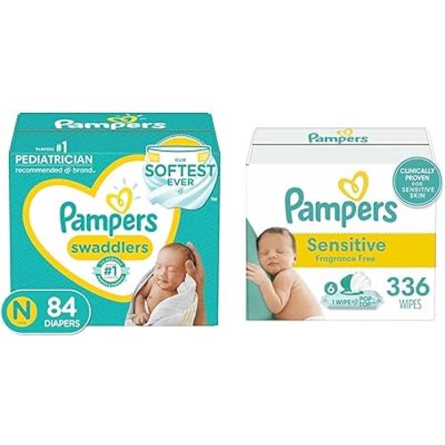 Pampers Swaddlers Newborn Diaper Size N, 84 Count + Pampers Baby Wipes Sensitive Perfume Free 336 Count