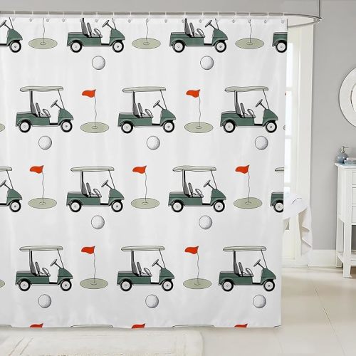 Feelyou Golf Shower Curtain Ball Games Themed Fabric Shower Curtain for Kids Boys Girls Golf Club Bathroom Waterproof Accessories with 12 Hooks Green Course Curtains,72x72 Inches