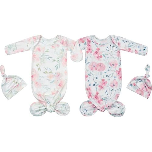 Newborn Baby Sleeper Gown Knotted Gown Nightgown Coming Home Outfits for Baby Girl 2-Piece Gown and Hat Set