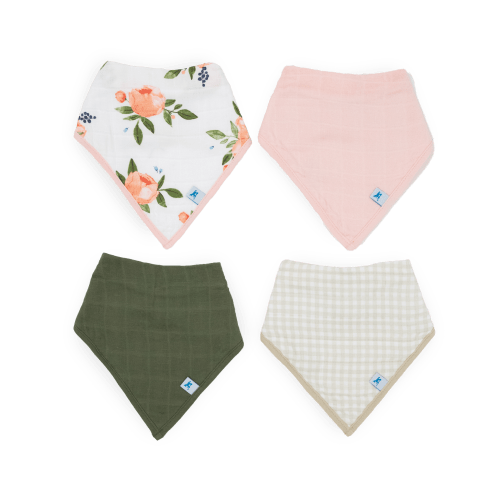 Cotton Muslin + Fleece Bandana Bib 4 Pack - Watercolor Roses 2
