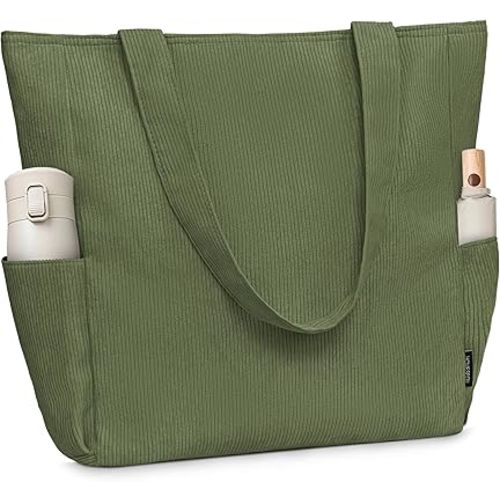 Buringer Corduroy Tote Bag for Women Large Shoulder Bag with Zipper and Pockets for Travel Gym Vacation