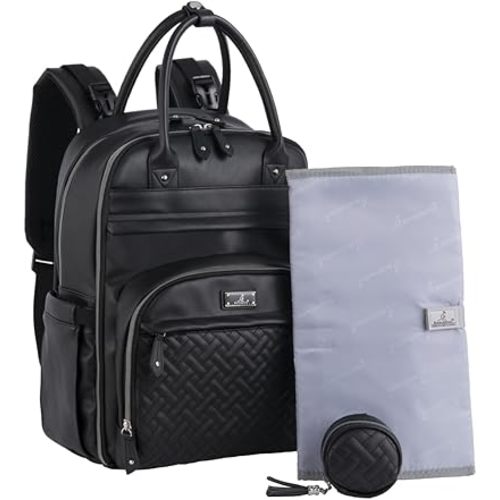 BabbleRoo Leather Diaper Bag Backpack - Baby Essentials Travel Baby Bag, Multi function, with Changing Pad, Stroller Straps & Pacifier Case – Unisex, Black