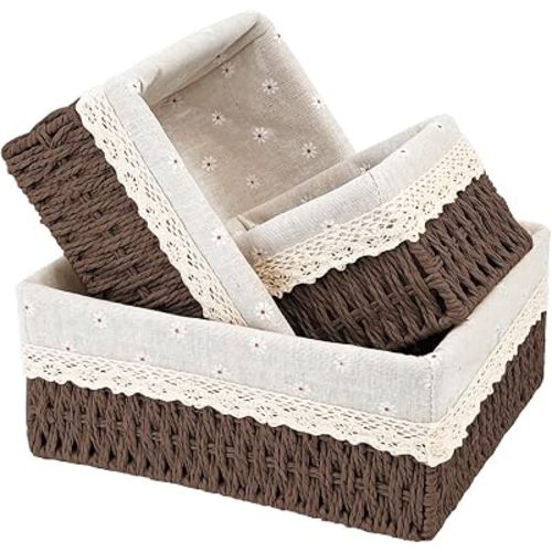 Wicker Storage Baskets 3-Pack Set, Hand-Woven Paper Rope Rattan Bins with Removable Liner, Multi-Size Organizer Baskets for Pantry, Countertop, Bedroom, Bathroom, Shelves (Dark-Brown, L+M+S)